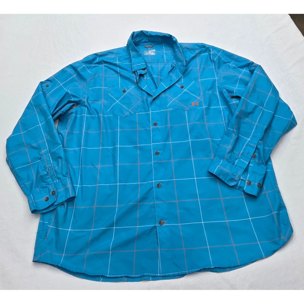 Under Armour‎ HeatGear Fishing Shirt Mens 3XL Blue Plaid Long Sleeve Ventilated